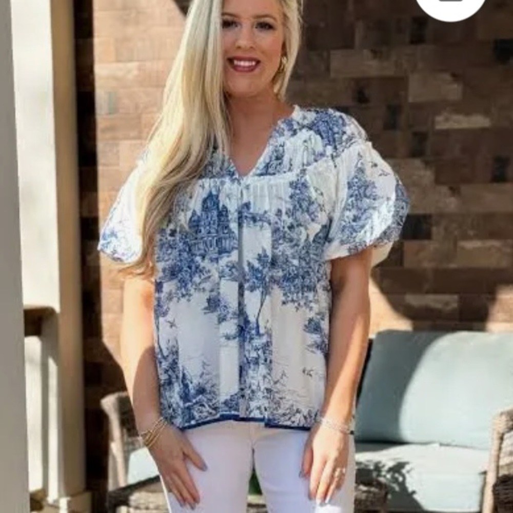 Umgee Toile Print Pullover Top with Puff Sleeves and Shirring Details - EUC